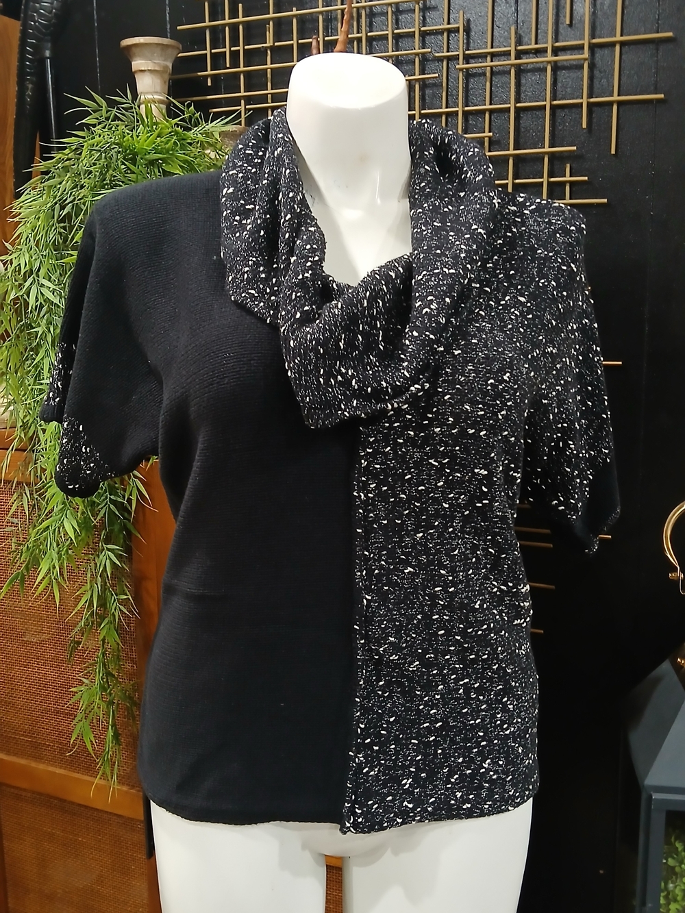 Style & Co. Black Speckled Cowl Neck Short Sleeve Sweater